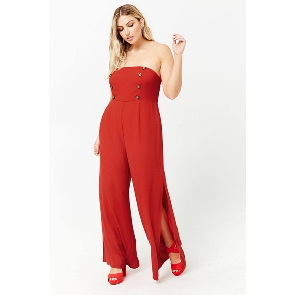 Red Double Breasted Strapless Jumpsuit - Picture 3 of 3